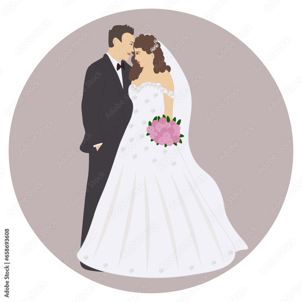 Bride and groom on wedding day. The drawing can be used to design a wedding invitation.	