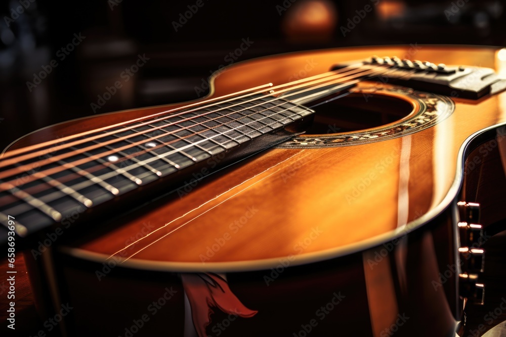 A guitar resting on a wooden table, suitable for music-related projects and designs. A guitar resting on a wooden table, suitable for music-related projects and designs.