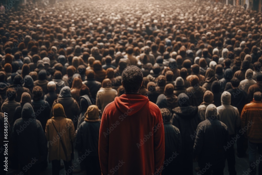 Obraz premium A man standing confidently in front of a large crowd of people. This image can be used to depict leadership, public speaking, or addressing a crowd.