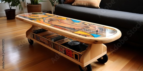 Skateboard transformed into a unique and functional coffee table, concept of Functional art photo