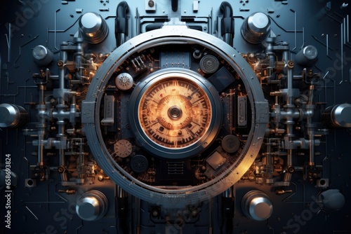 A close-up image of a clock that is situated inside a machine. This picture can be used to depict precision, time management, technology, or the inner workings of a device.