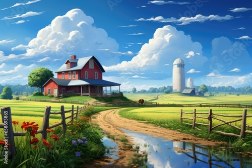 A painting of a farm scene featuring a vibrant red barn. This picturesque image captures the essence of rural life and is perfect for adding a touch of country charm to any project or design. photo