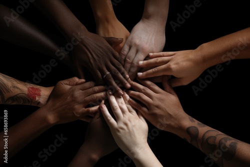 A group of people coming together and joining their hands in a show of unity and solidarity. This image can be used to represent teamwork, collaboration, support, community, or partnership. It can be 