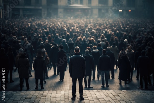 A man standing confidently in front of a large group of people. This image can be used to depict leadership, public speaking, or a person taking charge in a social setting.