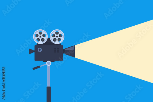 Retro movie projector with reels. Film camera tape with ray of light and place for text. Silhouette of vintage cinema projector or camcorder on tripod. Movie festival template. Vector illustration.