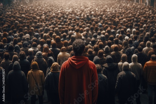 A man standing confidently in front of a large crowd of people. This image can be used to depict leadership, public speaking, or addressing a crowd.