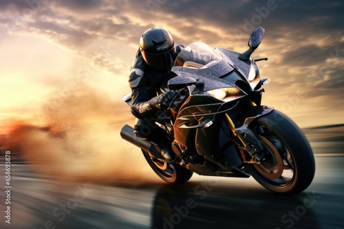 A person riding a motorcycle on a road. This image can be used to depict freedom, adventure, or transportation. © Fotograf
