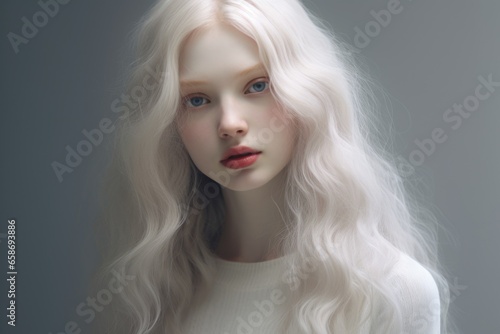 A woman with long white hair and striking blue eyes. This image can be used in various contexts, such as beauty, fashion, or fantasy themes.