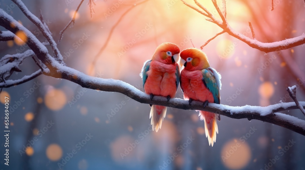 A pair of colorful love birds sitting on a snow-covered tree branch on a winter day, romantic scene. - obrazy, fototapety, plakaty 