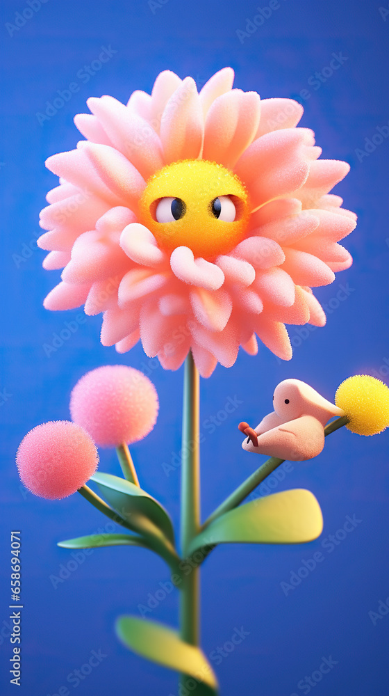 3D Cartoon rendering of flowers.Surprised Bloom: A Cartoon Flower's Encounter with the Sky