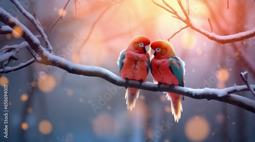 A pair of colorful love birds sitting on a snow-covered tree branch on a winter day, romantic scene.