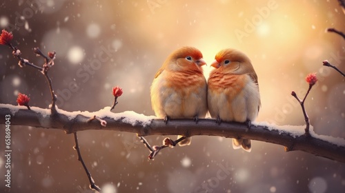 Two birds sitting on a snow-covered tree branch showing peace and love © Artur