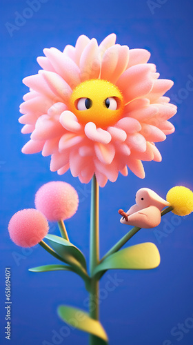 3D Cartoon rendering of flowers.Surprised Bloom  A Cartoon Flower s Encounter with the Sky