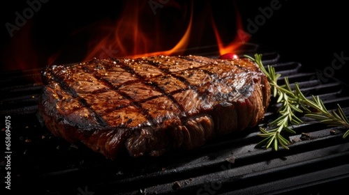 Grilled beef steak, set against a black background.