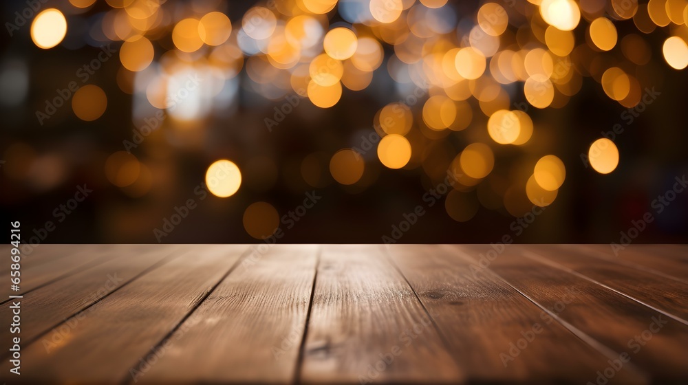 Close up of a wooden Table in front of gold Bokeh Lights. Festive Backdrop with Copy Space Close up of a wooden Table in front of gold Bokeh Lights. Festive Backdrop with Copy Space