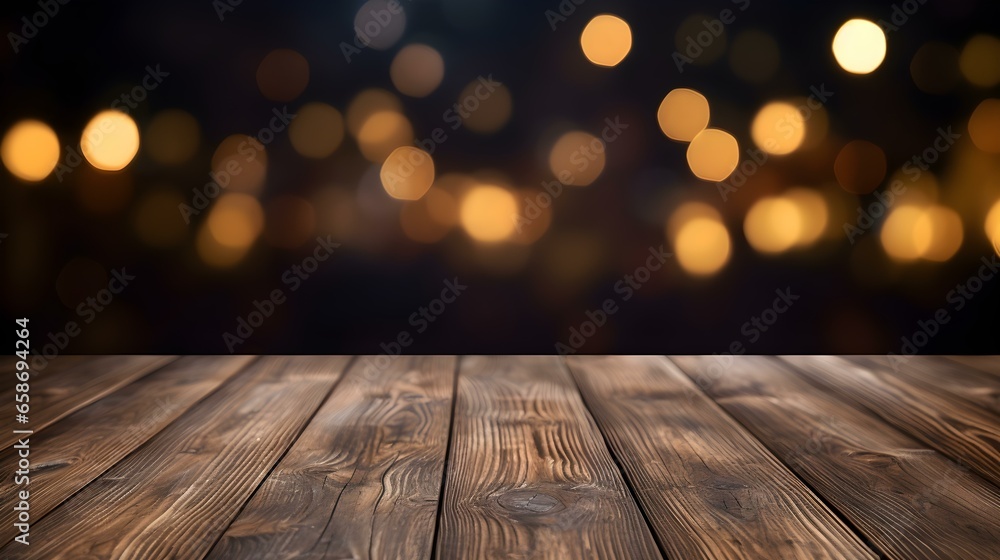 Close up of a wooden Table in front of gold Bokeh Lights. Festive Backdrop with Copy Space Close up of a wooden Table in front of gold Bokeh Lights. Festive Backdrop with Copy Space