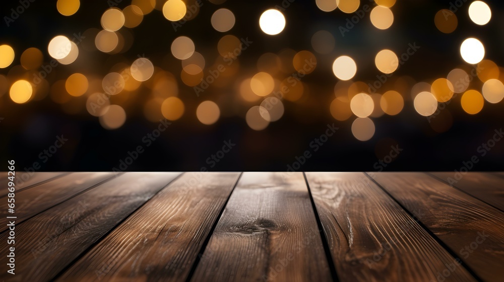 Close up of a wooden Table in front of gold Bokeh Lights. Festive Backdrop with Copy Space