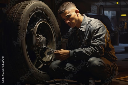Tire shop worker changing a car wheel © cherezoff