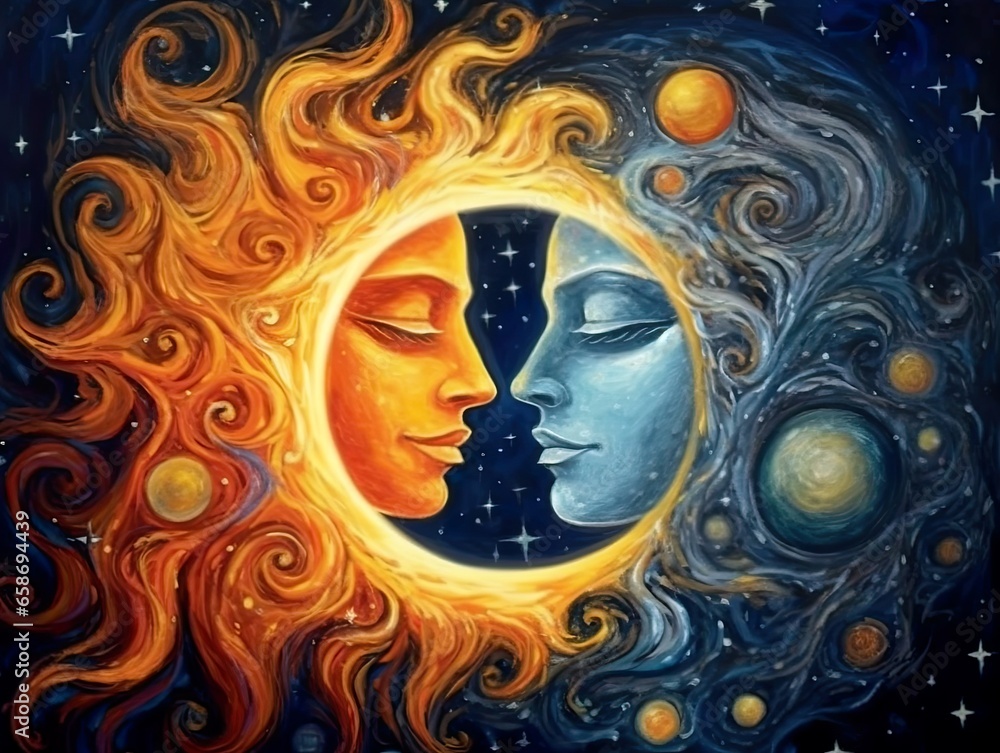 Moon and sun in a face-off. An exquisite illustration of opposites merging as one, a celestial crescent uniting night and day. Thought-provoking concept. Moon and sun in a face-off. An exquisite illustration of opposites merging as one, a celestial crescent uniting night and day. Thought-provoking concept.