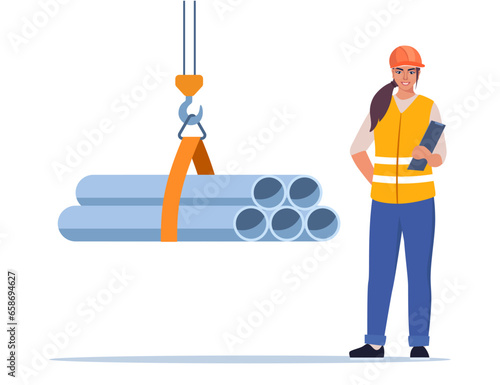 Woman engineer or manager looking for process of metal pipes transportation and loading. Construction worker wearing protective helmet and clothes. Vector illustration.