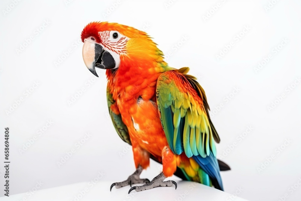 Vibrant parrot in isolation against a plain white backdrop. Generative AI