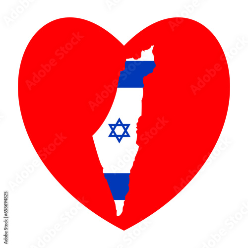 Red heart and Israel map. Abstract Israeli blue white flag with love symbol. Conceptual idea - with Israel in his heart. Patriotic support for the country during the terrorists attack. Pray for Israel