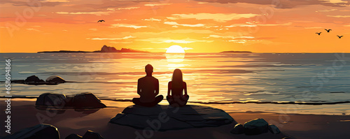 Meditation or relaxation on the beach in sunset light for couple.