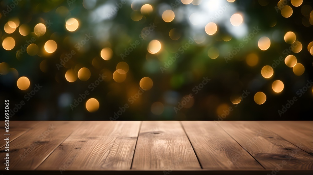 Close up of a wooden Table in front of ivory Bokeh Lights. Festive Backdrop with Copy Space