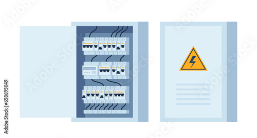 Electrical panel with switches, fuse, contactor, wire, automatic circuit breaker. Stainless steel switchboard box. Power distribution device. Vector illustration.