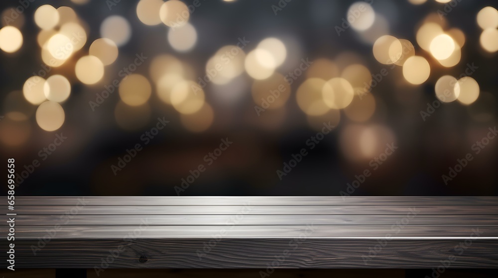 Close up of a wooden Table in front of light yellow Bokeh Lights. Festive Backdrop with Copy Space