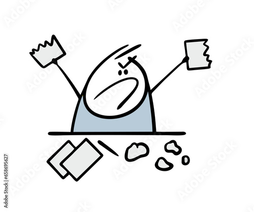 Very angry writer, student sits at a table and tears up paper. Vector illustration of stickman dissatisfied with his work, doing homework, writing a letter.