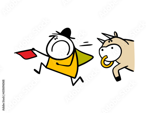 Bullfighter with a red rag runs away from a cattle bull in fright. Vector illustration of a stickman and an angry animal in the bullfighting arena.