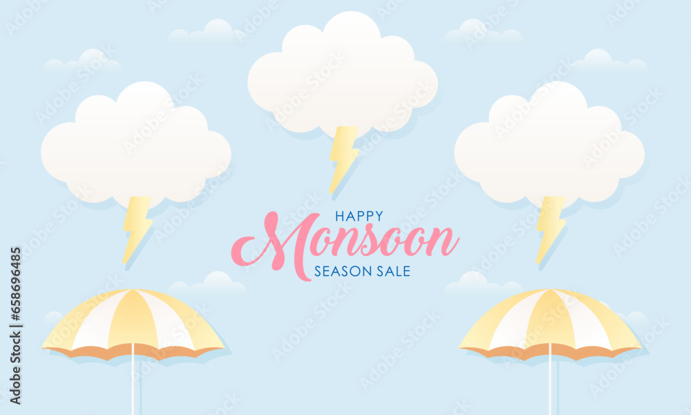 Cute Pastel Color Scheme and Paper Cut Style Happy Monsoon Season Sale Banner Background Cute Pastel Color Scheme and Paper Cut Style Happy Monsoon Season Sale Banner Background