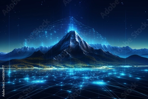 Futuristic landscape with 3D mountain model and grid technology illustration. Generative AI