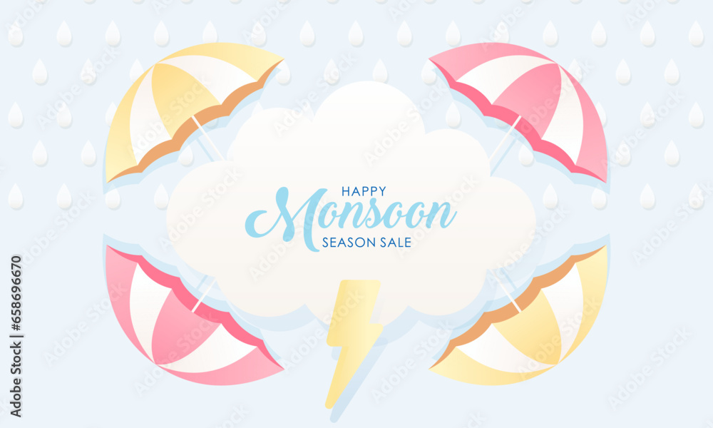 Naklejka premium Cute Pastel Color Scheme and Paper Cut Style Happy Monsoon Season Sale Banner Background