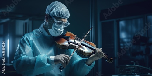 Surgeon playing the violin to relax between operations, concept of Music therapy photo