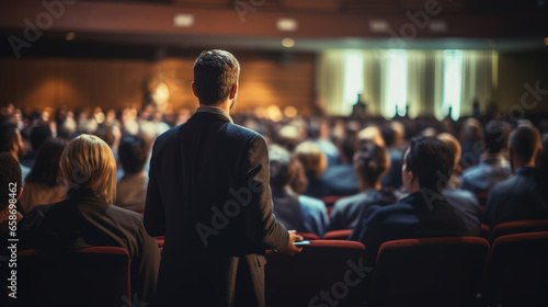 A speaker giving a lecture to an audience in an auditorium, seen from behind, emphasizing the seminar's engaging atmosphere. © Mosaic Media