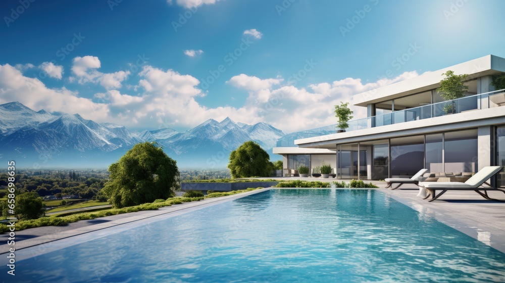 Contemporary villa with mountainous and sky scenery