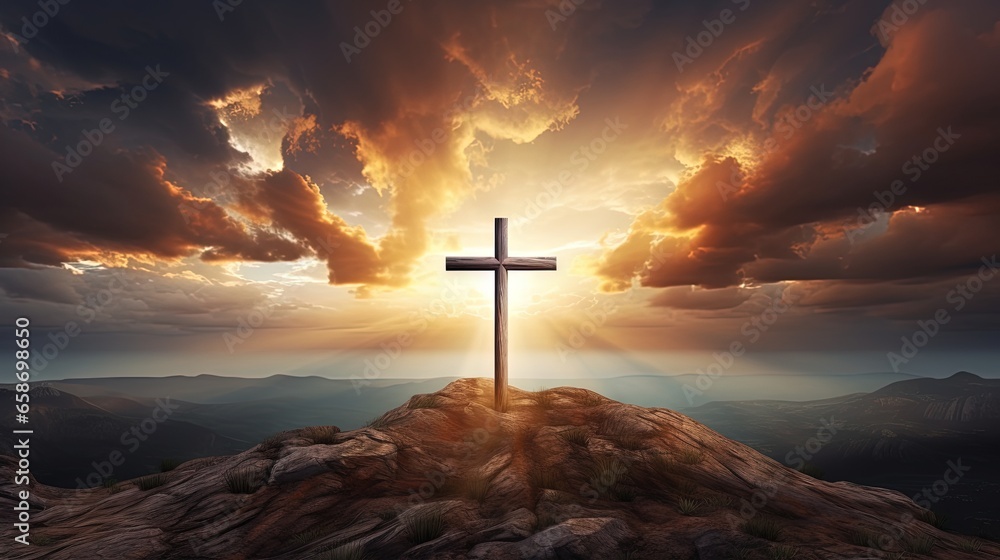 Christian cross symbolizing Easter and Jesus Christ s resurrection set against a dramatic sunset with dark clouds sunbeams and colorful mountains