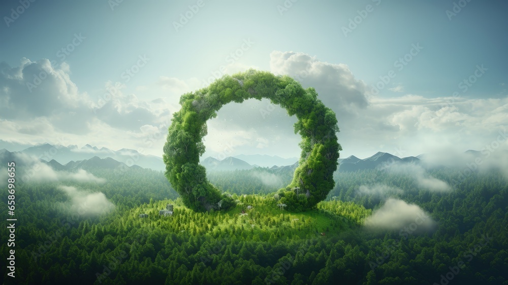 Eternal and infinite circular economy icon resembling a lush forest 3D rendering - obrazy, fototapety, plakaty 