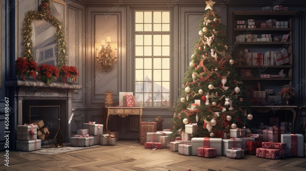 Festively adorned room with gifts under Christmas tree