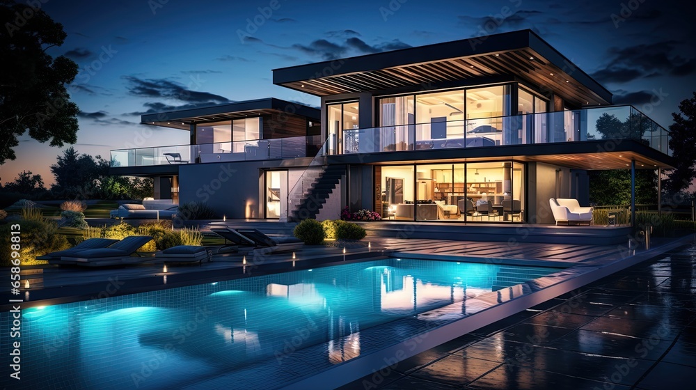 Fototapeta premium Contemporary poolside residence after dark