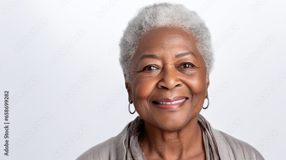 A close-up studio portrait captures the grace of a senior African American woman with grey hair, isolated on a white background, showcasing her timeless beauty. A close-up studio portrait captures the grace of a senior African American woman with grey hair, isolated on a white background, showcasing her timeless beauty.