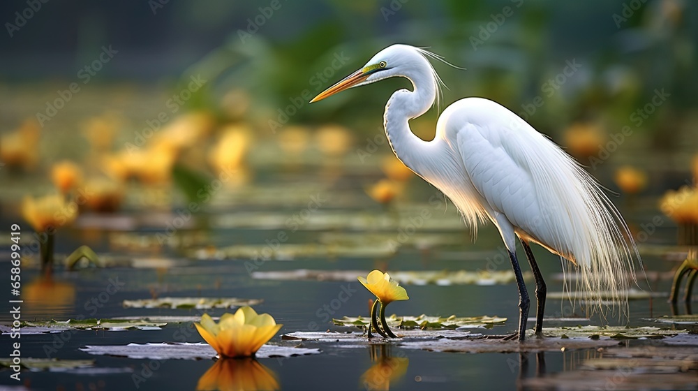 Obraz premium Great Egret in marsh water among white blooming water lilies at Lacassine Wildlife Refuge Louisiana
