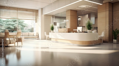 3D visualization of a hospital s interior with an entrance and reception desk at the clinic photo