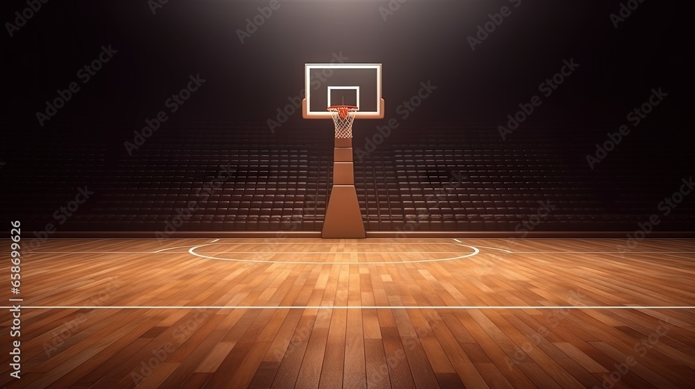 Basketball court side view mockup with hoop tribune and wood parquet surface for teamwork - obrazy, fototapety, plakaty 