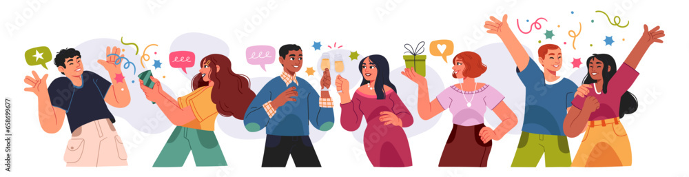 Grand opening ceremony celebration or other big ceremony event concept. Illustrations of excited happy people celebrating an event. Vector Grand opening ceremony celebration or other big ceremony event concept. Illustrations of excited happy people celebrating an event. Vector