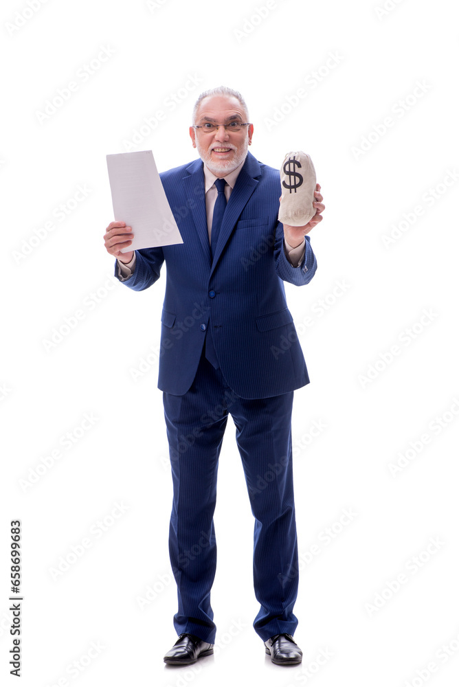 Old businessman in remuneration concept isolated on white Old businessman in remuneration concept isolated on white
