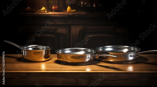 Gleaming cookware on table ...
