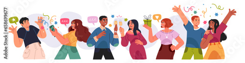 Grand opening ceremony celebration or other big ceremony event concept. Illustrations of excited happy people celebrating an event. Vector